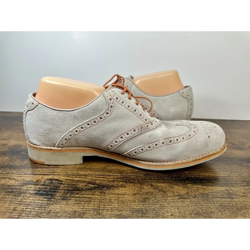 Johnston & Murphy Mens 10M Suede Wingtip Oxford Shoes Gray Sheepskin Lace Up